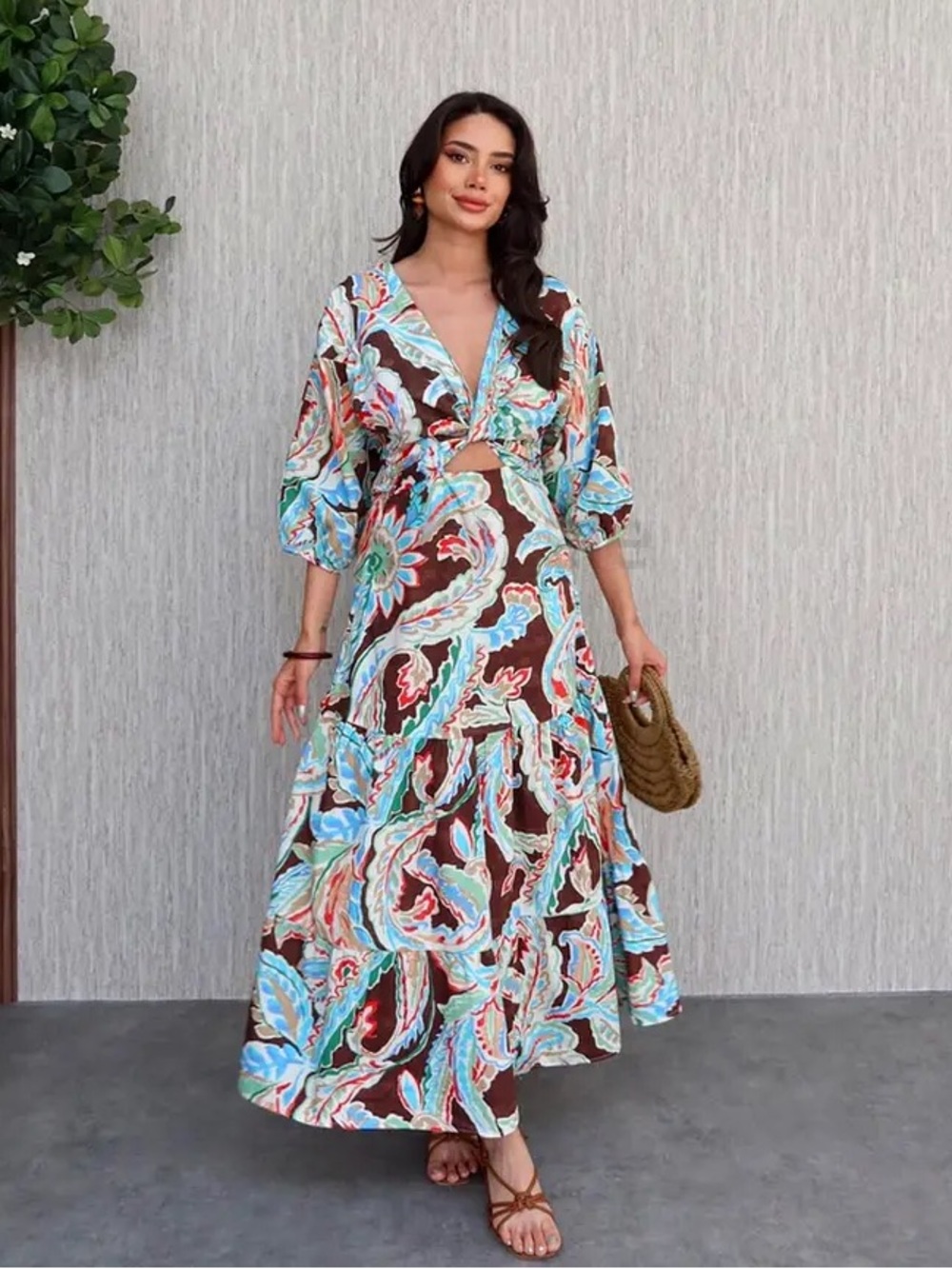 Zara Printed Paisley Poplin Cut Out Maxi Dress Size L